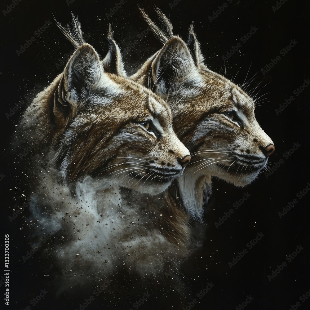 Obraz premium Ethereal lynx with a ghostly double face, emerging from smoke. Spiritual symbolism, mystical nature, fantasy aura, dreamlike vision, cosmic energy. Generative AI.