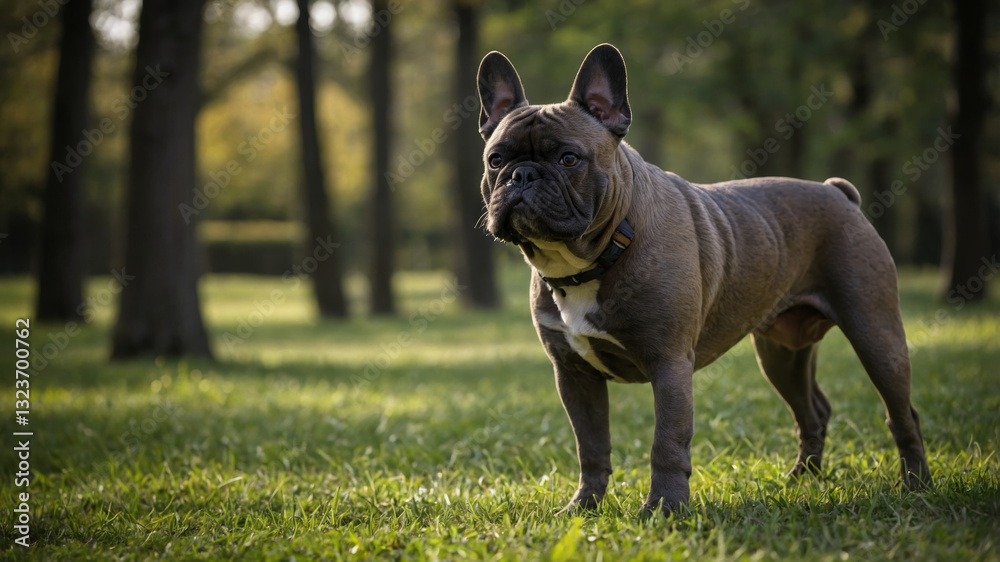 A handsome brindle French Bulldog stands in a lush green park on a sun-drenched day. A handsome brindle French Bulldog stands in a lush green park on a sun-drenched day.