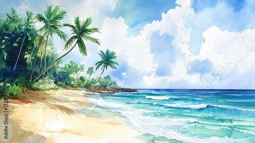 Tranquil Beach Scene Watercolor Painting Palm Trees, Blue Ocean
