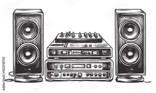 Vintage audio equipment with speakers and turntable vector, linear icons set.