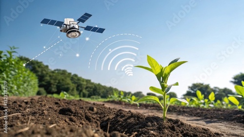 A satellite orbits above a green sprout in soil, symbolizing the integration of technology in agriculture for monitoring and growth enhancement.