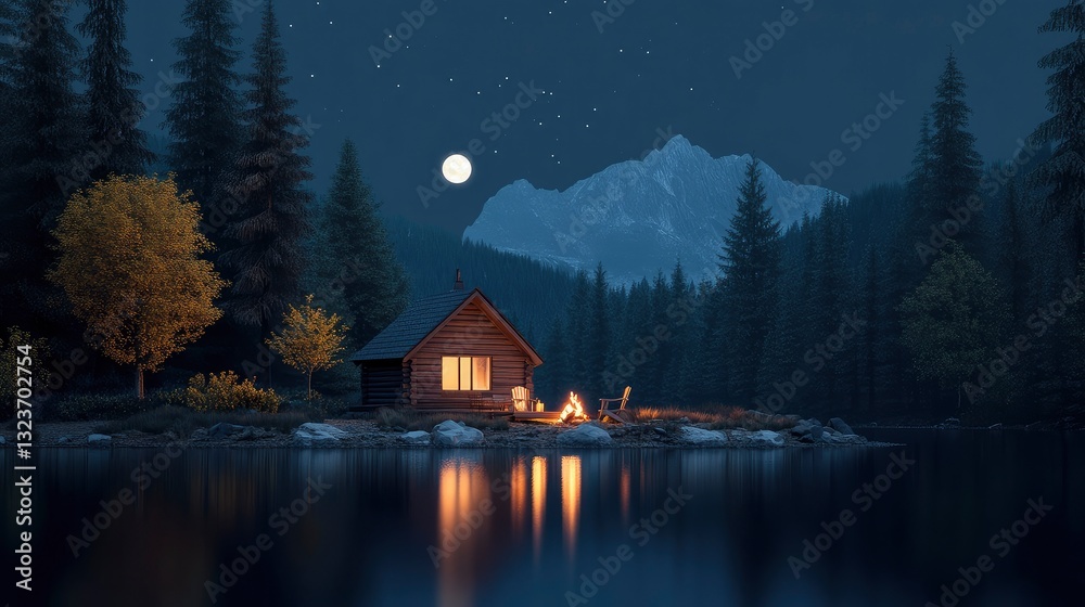 Fototapeta premium Secluded cabin by a lake at night, illuminated by a campfire and moonlight, surrounded by a tranquil forest and mountains.