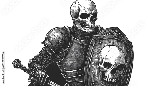 Skeleton warrior with sword and shield vector, linear style icons set.