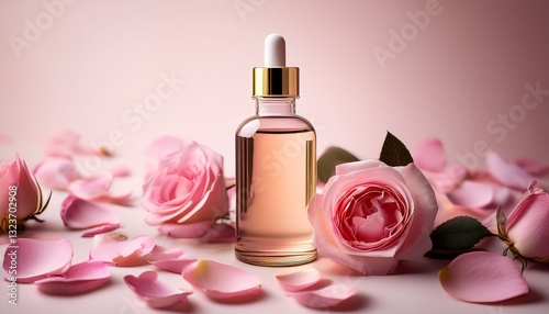 A mockup featuring rose oil surrounded by soft pink petals, with an elegant glass bottle, exuding luxury, freshness, and natural beauty.
