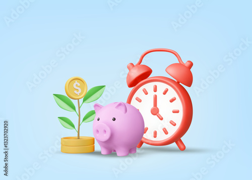 3D illustration vector render of alarm clock icon, piggy bank and money tree growing up. Concept of saving money growing over time, compound interest return or long term investment.