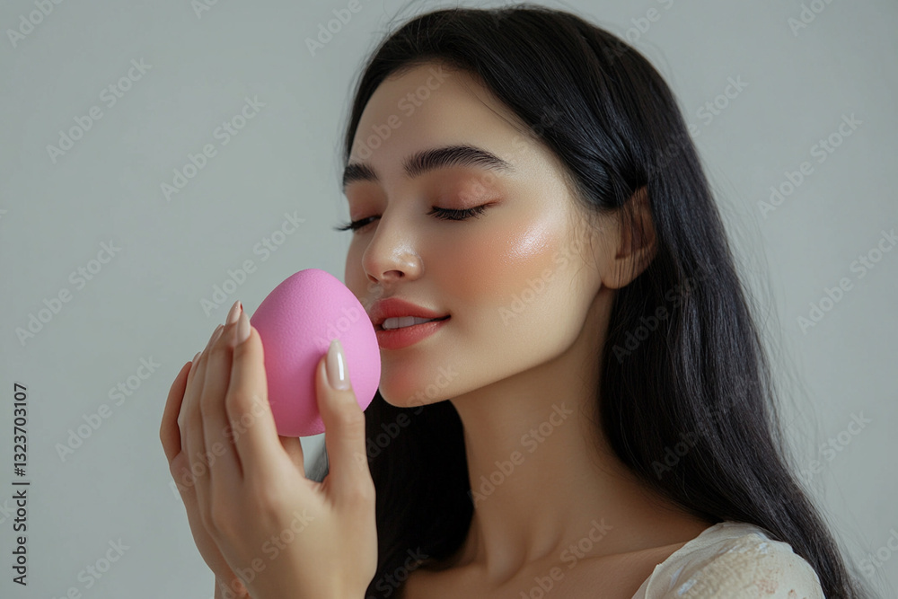 A woman uses a beauty blender to blend foundation A woman uses a beauty blender to blend foundation