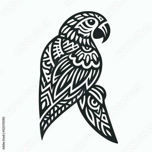 Tribal Parrot Icon: An intricately designed parrot illustration with tribal patterns, rendered in a minimalist style and offering versatile graphic resource applications.
