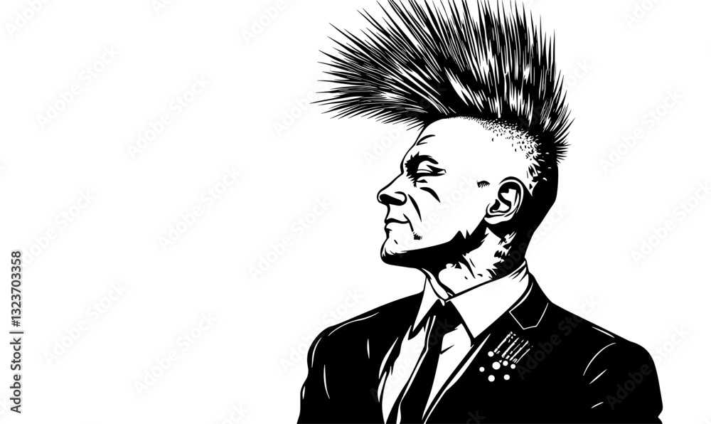 Punk rock businessman portrait with mohawk in suit - linear icons set - vector. Punk rock businessman portrait with mohawk in suit - linear icons set - vector.