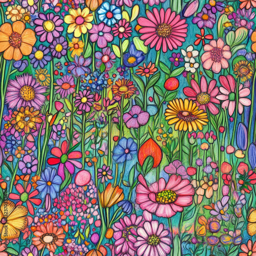 Seamless pattern of a captivating colorful folk art drawing of wildflowers growing in a big flower garden, lots of very colorful flowers retro hand drawn design nature floral spring summer background Seamless pattern of a captivating colorful folk art drawing of wildflowers growing in a big flower garden, lots of very colorful flowers retro hand drawn design nature floral spring summer background