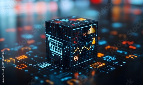 a cube with digital icons on a dark surface, symbolizing the world of e-commerce and data