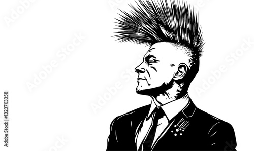 Punk rock businessman portrait with mohawk in suit - linear icons set - vector.