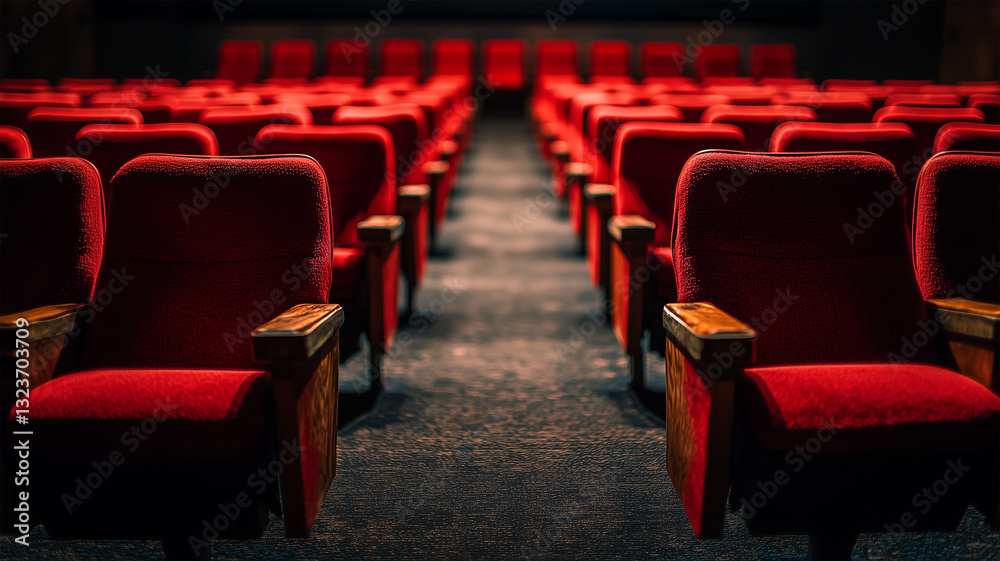 Obraz premium 昭和レトロな映画館の赤い座席と静寂の空間