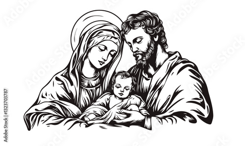 Holy family with baby jesus in nativity scene, religious art, linear icons set, vector.