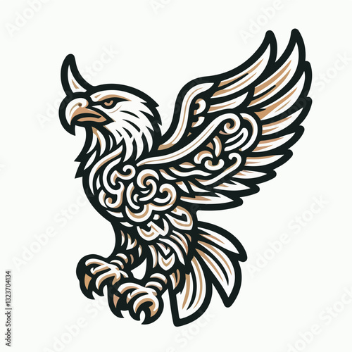 Majestic Eagle Emblem: An intricate, hand-drawn emblem of an eagle in mid-flight, embodying strength and freedom, perfect for representing power, independence, and national pride.