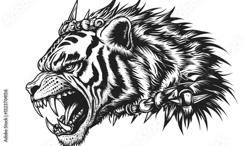 Fierce tiger head with spiked collar roaring in black and white - linear icons set, vector.