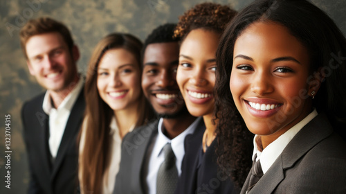 Group of five professionals smiling together in formal attire against a textured wall during a networking event