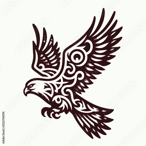 Eagle in Flight: A stylized artistic representation of an eagle soaring with outstretched wings, showcasing intricate patterns and detail, conveying a sense of strength, freedom, and artistry.