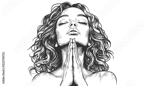 Praying woman with curly hair, eyes closed, hands together, linear icons set vector.
