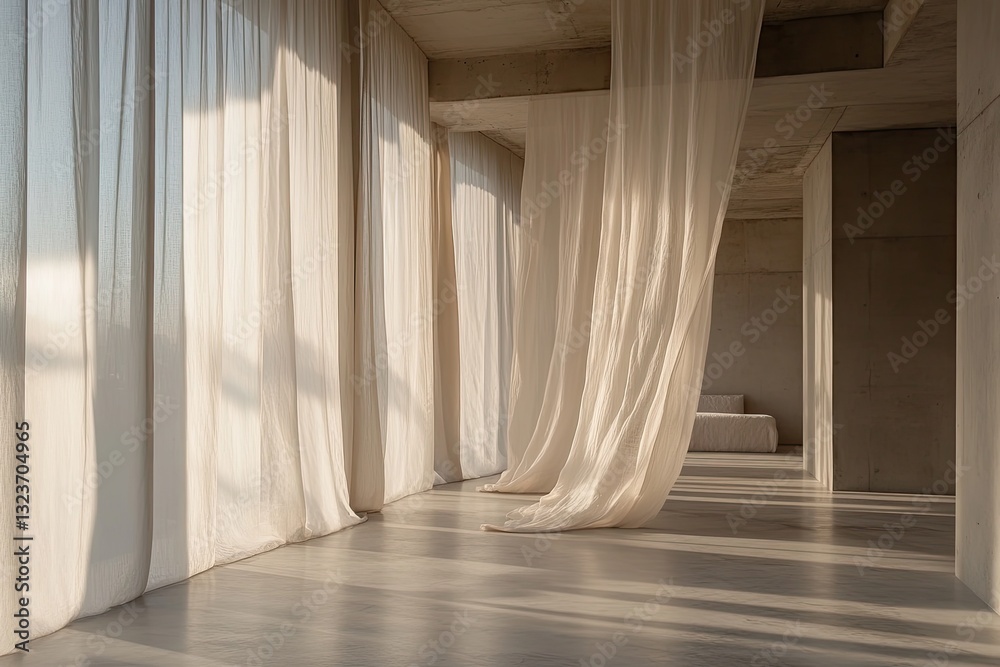 Minimalist concrete interior with flowing drapes, sunlight streaming through windows. Use Architectural photography, interior design Minimalist concrete interior with flowing drapes, sunlight streaming through windows. Use Architectural photography, interior design