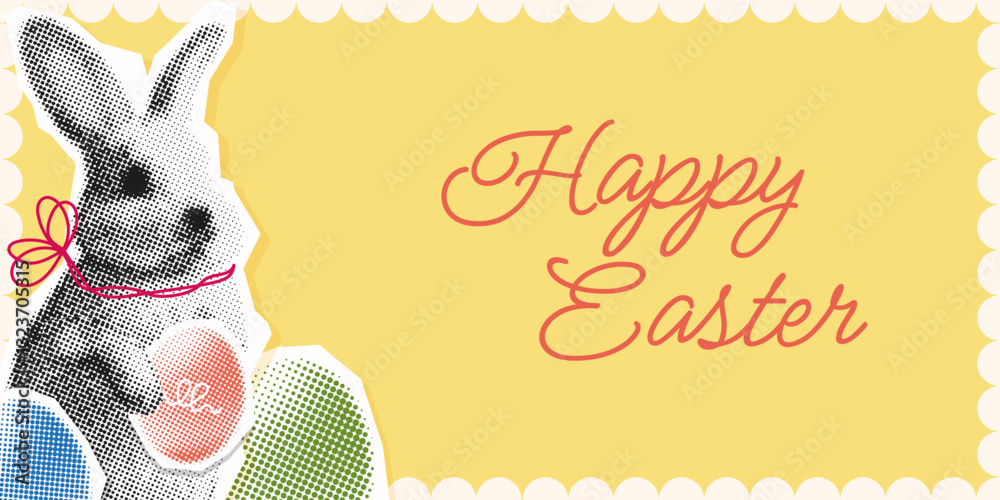 Happy Easter banner halftone collage. trendy modern cutout paper design with cute rabbit and easter eggs