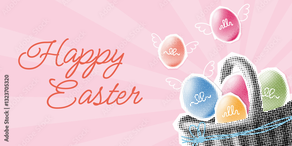 Happy Easter banner halftone collage. trendy modern cutout paper design with basket and easter eggs