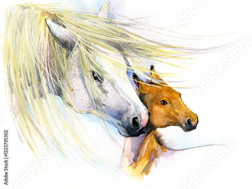  watercolor mare and foal on white. Beautiful hand painted illustration of two horses on the field.