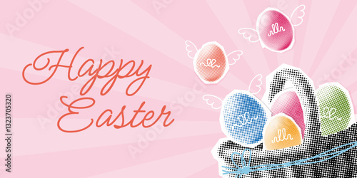 Happy Easter banner halftone collage. trendy modern cutout paper design with basket and easter eggs