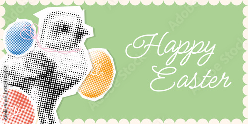 Happy Easter banner halftone collage. trendy modern cutout paper design with cute chicken and easter eggs