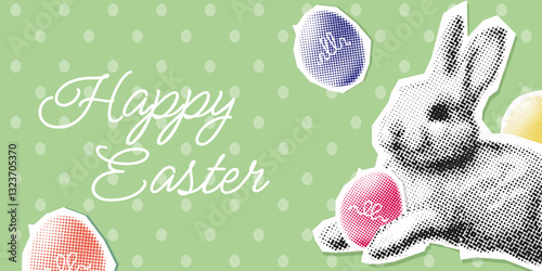 Happy Easter banner halftone collage. trendy modern cutout paper design with cute bunny and easter eggs