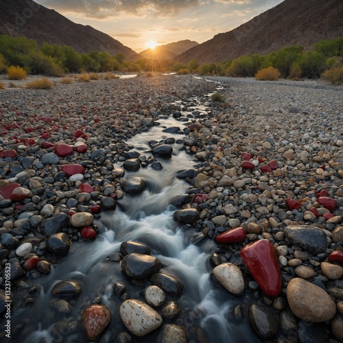 A riverbed alive with polished stones—scarlet, ivory, charcoal—whispering the stories of centuries past.