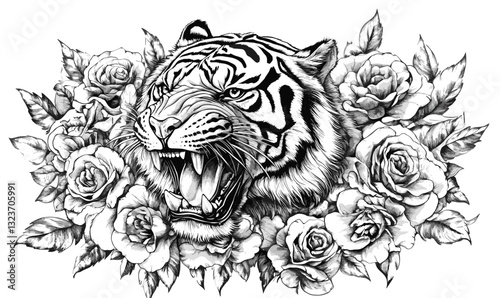 Wallpaper Mural Fierce tiger surrounded by roses vector, linear style, icon set. Torontodigital.ca