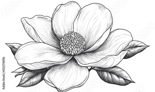 Elegant magnolia flower in monochrome, detailed floral art, linear icons set, vector.