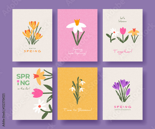 Modern Spring greeting card, banner or poster set with hand drawn flowers for Womens Day, Mothers Day, birthday, Easter. Tulips, daisies, daffodils, crocuses. Floral designe template