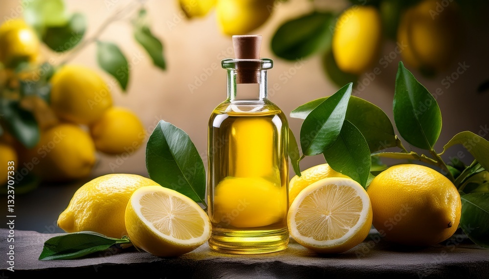 Mockup featuring lemon oil bottle against a backdrop of juicy lemons and green leaves, illuminated with dynamic lighting for a fresh and vibrant feel Mockup featuring lemon oil bottle against a backdrop of juicy lemons and green leaves, illuminated with dynamic lighting for a fresh and vibrant feel