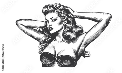 Retro pin-up woman pose with vintage hairstyle and fashion, linear, icons set, vector.