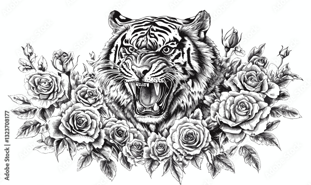 Fierce tiger surrounded by roses vector, linear icons set. Fierce tiger surrounded by roses vector, linear icons set.
