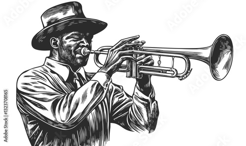 Jazz trumpet player with hat, playing instrument, linear icons set, vector.