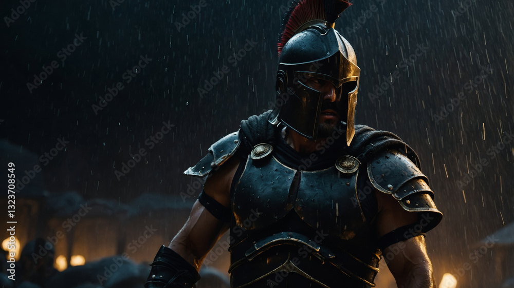 Fototapeta premium A spartan warrior in full armor stands resolute in the rain, ready for a fight.