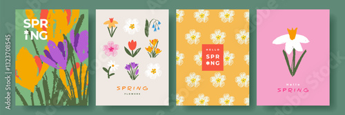 Modern Spring greeting card, banner or poster set with hand drawn flowers for Womens Day, Mothers Day, birthday, Easter. tulips, daisies, daffodils, crocuses. Floral designe template