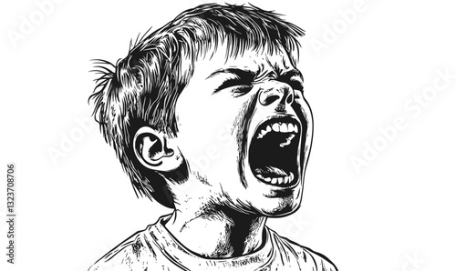 Angry child yelling in black and white, illustration of emotional expression, vector, linear style, icons set.