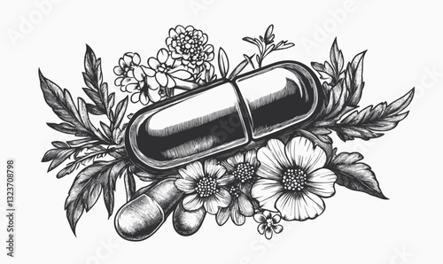Floral capsule and pill design with botanical elements, vector, linear icons set.