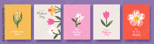 Mother's Day set. Trendy card, banner, poster, cover with hand drawn flowers. Tulips, daisies, daffodils, lily of the valley. 
Modern designe template with  scribbles and of child's drawing effect