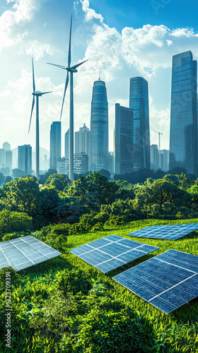 Sustainable City: Solar panels and wind turbines power a modern metropolis, showcasing eco-friendly technology for a green future. Modern buildings stand tall amidst lush greenery.