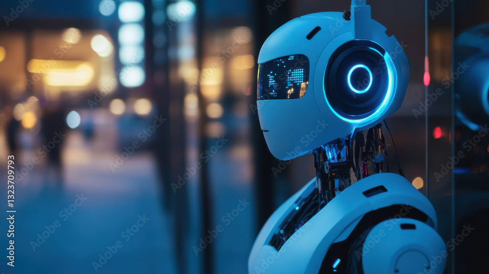 a close up shot of a robot looking with city light as background.