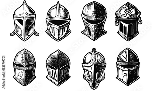 Medieval knight helmets collection, vector style, linear icons set.