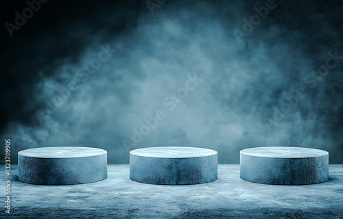 Mystical display of three stone platforms dimly lit studio abstract photography atmospheric environment central viewpoint