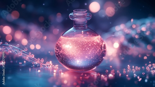 A glowing cosmetic essence bubble with dynamic molecules, resting against a DNA-inspired pattern in cool hues 