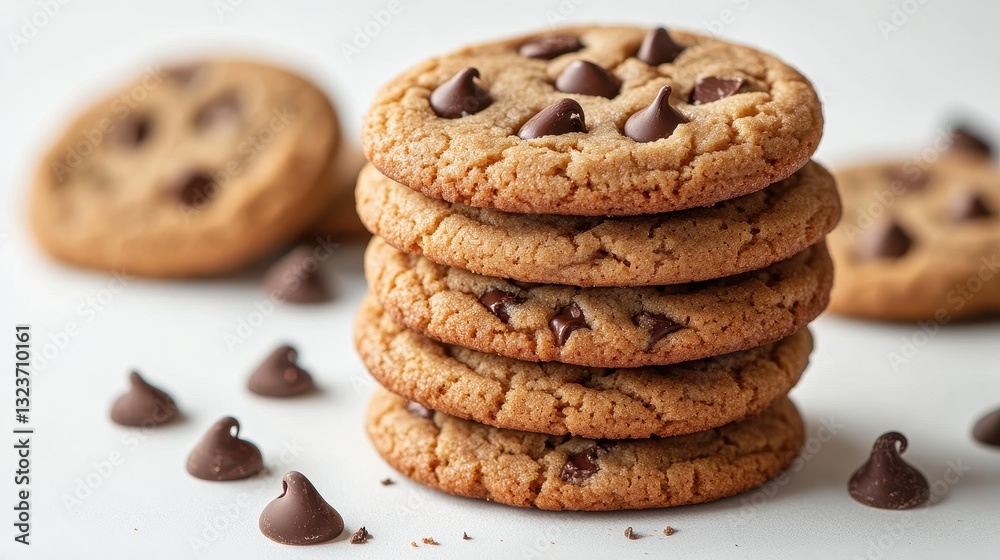 A stack of warm, golden peanut butter cookies, each adorned with a chocolate chip, nestles invitingly on a crisp white background, ready for a moment of pure cookie bliss, perfect for any hour. A stack of warm, golden peanut butter cookies, each adorned with a chocolate chip, nestles invitingly on a crisp white background, ready for a moment of pure cookie bliss, perfect for any hour.