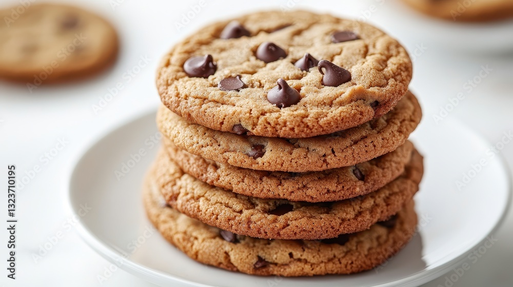 A stack of warm, golden peanut butter cookies, each adorned with a chocolate chip, nestles invitingly on a crisp white background, ready for a moment of pure cookie bliss, perfect for any hour. A stack of warm, golden peanut butter cookies, each adorned with a chocolate chip, nestles invitingly on a crisp white background, ready for a moment of pure cookie bliss, perfect for any hour.