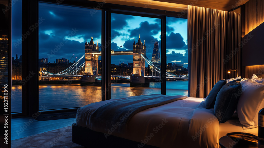 Fototapeta premium Romantic Hotel Bedroom with Tower Bridge Night View and Elegant Decor